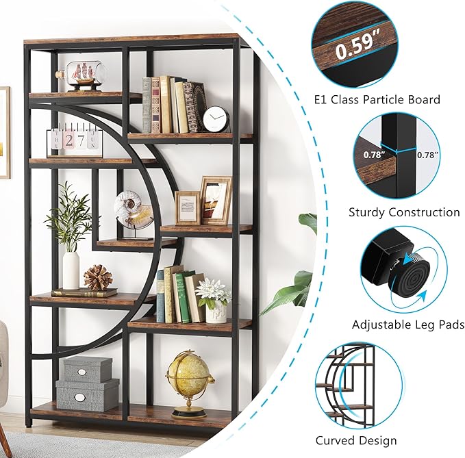 Tribesigns Bookshelf Industrial 5 Tier Etagere Bookcase, Freestanding Tall Bookshelves Display Shelf Storage Organizer with 9-Open Storage Shelf for Living Room, Bedroom, 2 Pack