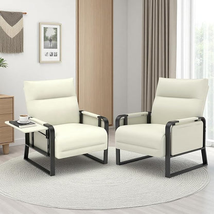 Upholstered Accent Chairs Set of 2, Modern Faux Leather Sofa Chairs with Foldable Side Tray Table & Storage Pocket, Small Accent Sofas for Living Room, Bedroom, Beige