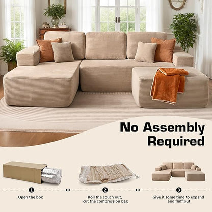 106" Cloud Sectional Couch with L-Shape Chaise & Ottoman, No Assembly Modular Sofa, Deep Seat Corduroy Boneless Couched for Living Room (Camel Stripe Corduroy, Left Facing Chaise with Ottoman)