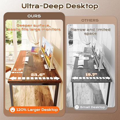 Huuger 55 x 24 inch Desk with Power Outlets & USB-C, Deeper & Thicker Desktop, Robust Metal Tubes, Computer Desk, Heavy Duty Office Desk, Work Gaming Desk for Home Office, Rustic Brown