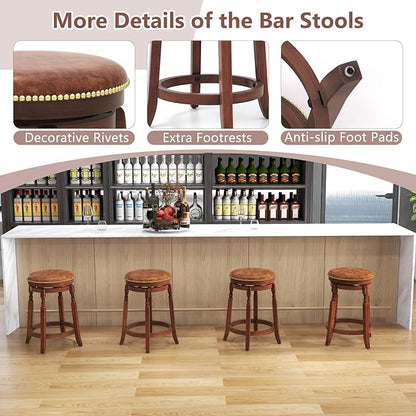 COSTWAY Round Swivel Wooden Bar Stools Set of 2, 24-inch Upholstered Backless PU Leather Farmhouse Counter Chairs with Footrest, Decorative Rivets for Kitchen Island, Dining Room, Walnut