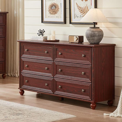 6 Drawers Dresser for Bedroom, Farmhouse 54" Wide Wood Dressers Chest of Drawers, Vintage Design TV Stand, Rustic Storage Dresser Organizer with Metal Handle Closet for Living Room, Hallway