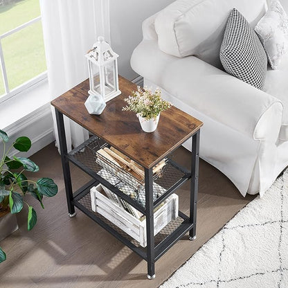 VECELO Tall End Side Tables,30" Height Nightstand with 3-Tier Storage Shelf for Bedroom Living Room, Easy Assembly,Industrial Style, Brown
