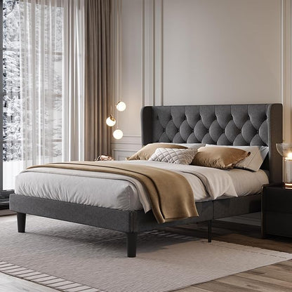 SHA CERLIN Full Size Upholstered Platform Bed Frame with Wingback Headboard, Tufted Linen Fabric, Wooden Slats Support, Easy Assembly, No Box Spring Needed, Dark Grey