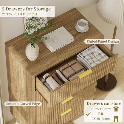 LYNSOM Fluted Dresser and Nightstand Sets 2 Piece, 2-Drawer Nightstands and 5-Drawers Dresser, Wood Bedroom Furniture Set for Home, Bedroom, Hallway, Natural Oak