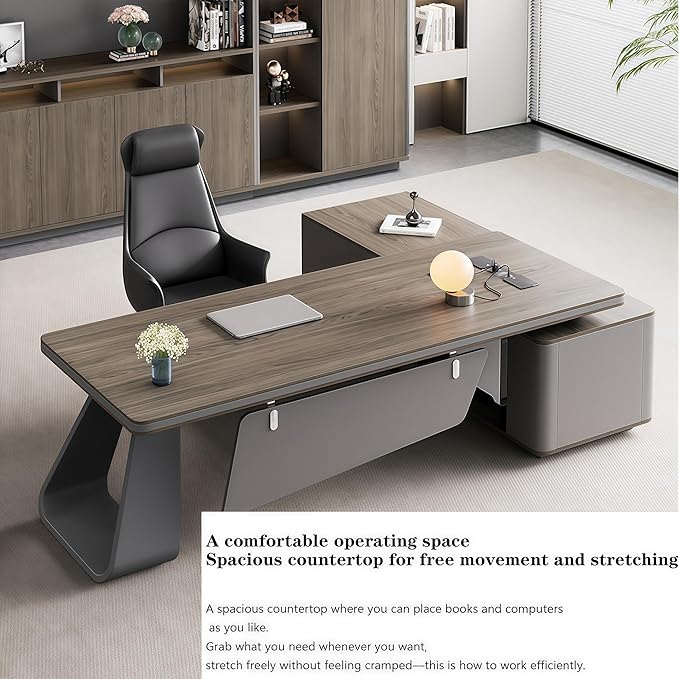 L Shaped Executive Desk, 86.6 inch Large Executive Computer Desk Set Drawers and Lockable, Power Socket and USB Port Storage, Without Display Racks and Bookshelves