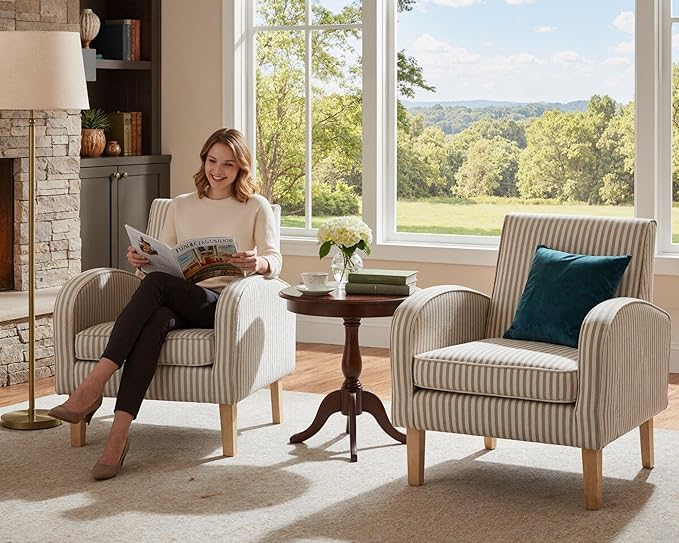 Farmhouse Striped Accent Chair for Living Room Set of 1, Linen Fabric Modern Comfy Armchairs with Cushion, Upholstered Striped Reading Chairs for Bedroom Couch Chair with Wood Legs, Khaki