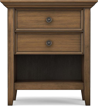 SIMPLIHOME Amherst Bedside Table - 24 inch Wide Solid Wood Nightstand Table in Rustic Natural Aged Brown, Transitional Bedroom Side or End Table with 2 Drawers, Open Storage Shelf and Bronze Hardware