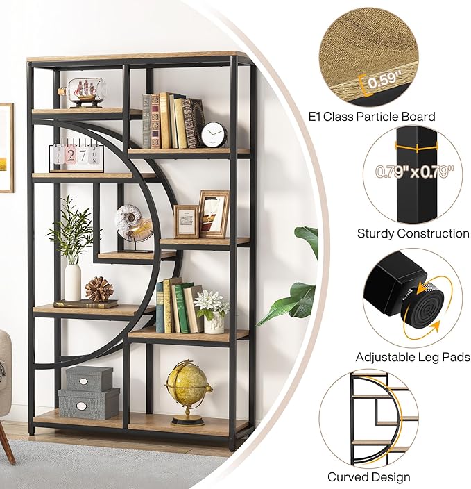 Tribesigns Bookshelf Industrial 5 Tier Etagere Bookcase, Freestanding Tall Bookshelves Display Shelf Storage Organizer with 9-Open Storage Shelf for Living Room, Bedroom (Light Oak, 2 Pack)