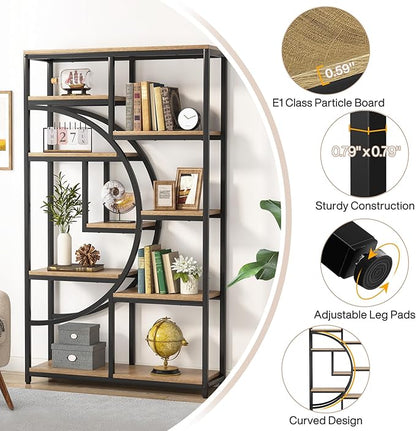 Tribesigns Bookshelf Industrial 5 Tier Etagere Bookcase, Freestanding Tall Bookshelves Display Shelf Storage Organizer with 9-Open Storage Shelf for Living Room, Bedroom (Light Oak, 2 Pack)