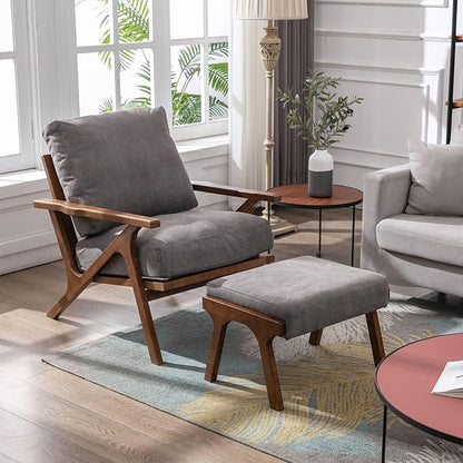 Wahson Set of 2 Mid Century Arm Chairs and Ottomans, Upholstered Accent Armchair with Wood Frame and Canvas Cushions, Leisure Slipper Chair for Living Room/Bedroom, Grey