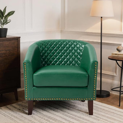 Pia Ricco Faux Leather Barrel Chairs Set of 2, Modern Comfy Accent Chairs, Upholstered Armchair Club Chairs with Nailhead Trim, Single Sofa Barrel Chair for Living Room Reading Room, Green