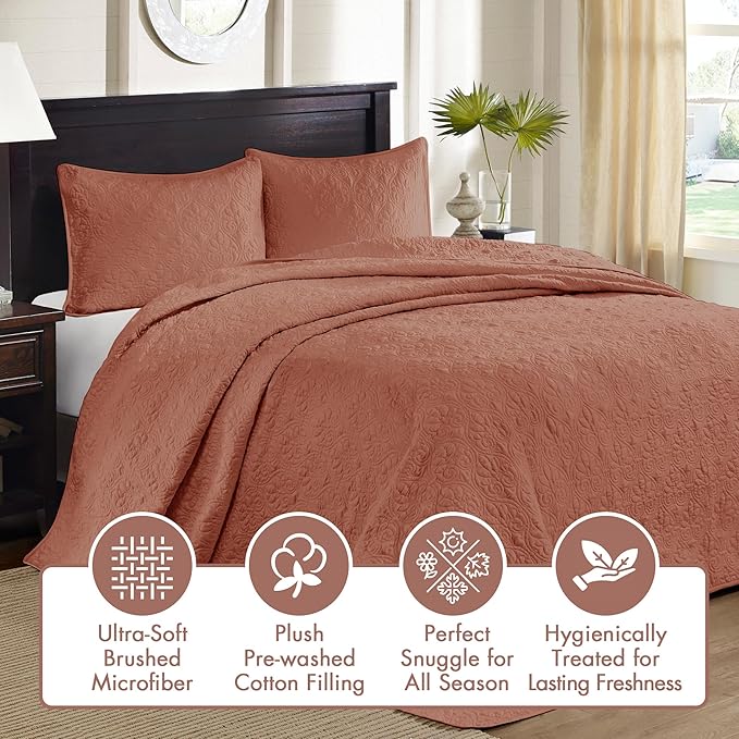 Madison Park King Quilt Set Reversible Damask Quilted Coverlet for King Size Bed, Cotton-Filled Quilts, All Season, Lofty & Warm Bedspread, Quebec, King Clay Red 3 Piece