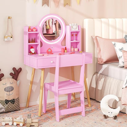 Costzon Kids Vanity, Girls Vanity Set with Mirror and Stool and Lights, Drawers, Storage Shelves, Wooden Toddler Makeup Vanity Desk Dressing Table, Kids Vanity Table and Chair Set (Pink)