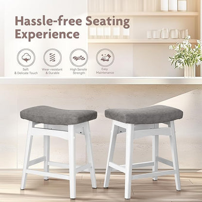 ALPHA HOME Bar Stools Set of 3, Solid Wood Saddle Kitchen Stools with Grey PU Leather Cushion Counter Height Barstools with Wooden Base for Kitchen Dining Cafe, 24 Inch, Grey, 3PCS