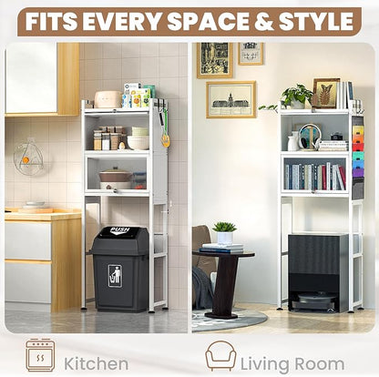 ZZL Over The Toilet Storage Cabinet,3-Tier,Bathroom Toilet Organizer,Waterproof, Cabinet Door Design,Freestanding Space Saver with 4 Hooks for Bathroom,White