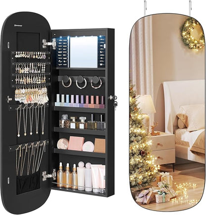 SONGMICS Jewelry Organizer, LED Jewelry Cabinet Wall/Door Mounted, Lockable Rounded Wide Mirror with Storage, Christmas Gift 3.9 x 16.5 x 42.5 Inches, Black Surface with Black Lining