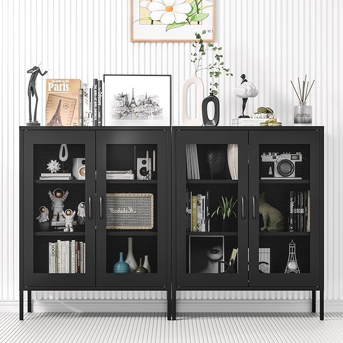 Metal Storage Cabinet with Mesh Doors and Shelves,Multipurpose Storage Rack, 3-Tier Office Cabinet,Metal Locker Style Accent for Home Office,Living Room,Kitchen (Black-mesh, 40''H)