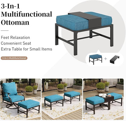 5 Piece Metal Outdoor Patio Furniture Set, Patio Conversation Sets 3-seater Sofa, 2 Fixed Chair, 2 Ottomans with 5.75" Thick Cushion, Black All-weather Frame Backyard Furniture, Blue-2