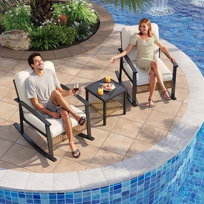 Aoxun 3-Piece Outdoor Rocking Bistro Set, Patio Furniture Set with Coffee Table and Thick Cushions, Wicker Rocking Chairs Set of 2 for Garden, Balcony, Backyard, Poolside (Beige)