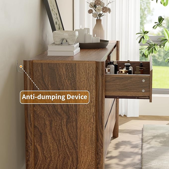 Dresser for Bedroom with 6 Drawers,47" Wide Walnut Dresser with 4 Solid Wood Legs, Wooden TV Stand,Closet Clothes Organizer for Bedroom, Hallway