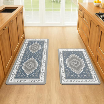 ArtyCozy 2 Piece Boho Kitchen Rug Set, Non-Slip Super Absorbent Kitchen Mats for Floor with Rubber Backing, Stain Resistant Runner for Hallway Laundry Holiday Decor, Blue, 20" × 32'' Plus 20'' × 47''