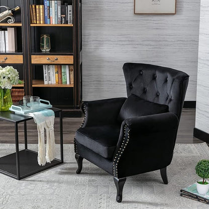 chairus Mid-Century Modern Accent Chairs Set of 2, Comfy Tufted Single Sofa Chair Wingback Armchair with Pillow for Club, Living Room, Bedroom - Velvet, Black