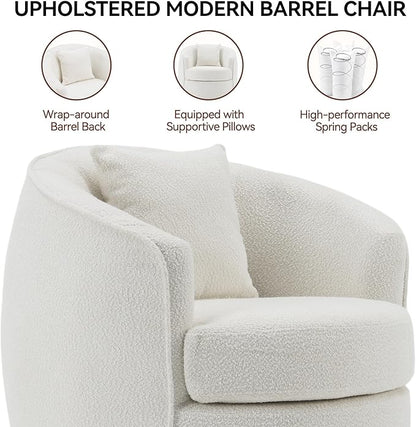 Swivel Accent Chair, Modern Upholstered Boucle Barrel Arm Chairs with Pillow for Living Room, 360 Degree Round Swivel Sherpa Armchair with Round Base for Bedroom Club (1, Cream)
