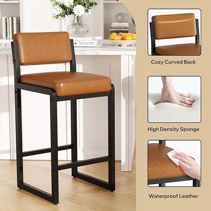 Counter Stools Set of 2, Faux Leather Bar Height Stools with High Back and Metal Legs, Upholstered Bar Chairs, 26" Modern Barstools for Kitchen Island, Caramel