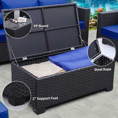 Rattaner Outdoor Wicker Furniture Set 5 Pieces Patio Sectional Sofa Couch Set with Storage Table Royal Blue Anti-Slip Cushions Furniture Covers