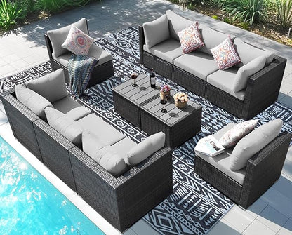 NICESOUL 10 Piece Outdoor Furniture Sofa Set, Extra Large Size Patio Modular Sectional with Side Tables, 29.3'' High Back Comfy Rattan Conversations, High-End Luxurious Grey Wicker Couches Heavy Duty