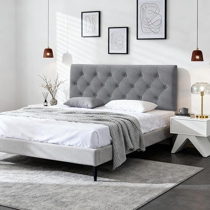 Tufted Upholstered Headboard Queen Size, Solid Wood Head Board with Durable Metal Legs, Linen Fabric Padded Headboard, Adjustable Height from 37” to 51”, Modern Button Design Head Board, Grey