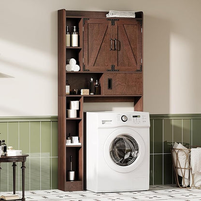 ChooChoo Over The Toilet Storage Cabinet, Farmhouse Bathroom Storage Cabinet with Sliding Door, Over Toilet Storage with Adjustable Shelves, Space-Saving, Walnut