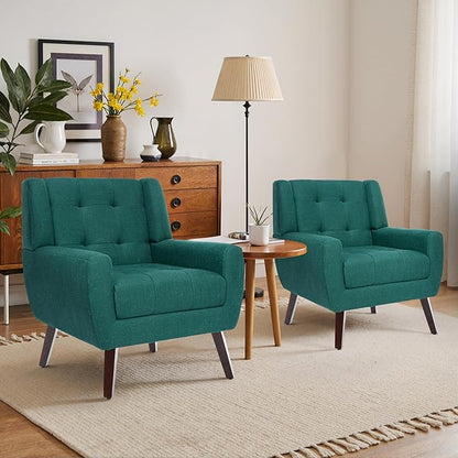 Accent Chairs Set of 2, Mid-Century Modern Upholstered Armchair, Comfy Fabric Living Room Chairs Reading Chairs with Button Tufted Back & Solid Wood Legs for Bedroom, Office, Light Blue