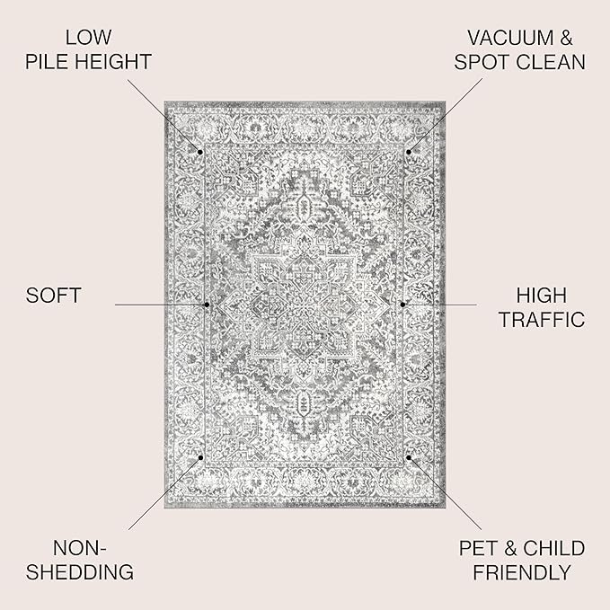 JONATHAN Y Modern Vintage Medallion Light Gray 3x3 Square Indoor Area Rug, Country, Floral, Easy-Cleaning for Living Room, Bedroom, Kitchen, Pet Friendly, Non-Shedding (MDP100A-3SQ)