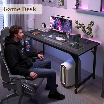 AZN Computer Desk, 55in Computer Desk, Office Desk w/Sturdy Metal Frame, Office Desk w/Water-Resistant, Scratchproof Surface, Home Office Desks w/Large Legroom for Work Study Writing Gaming, Black