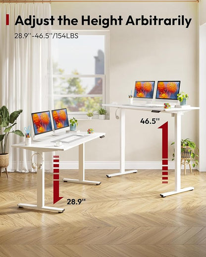 SANODESK Electric Standing Desk 60 x 24 Inches Whole-Piece Desktop Height Adjustable Stand Up Desk w/6-Button Controller Ergonomic Computer Desk for Home Office, White Frame + White Tabletop