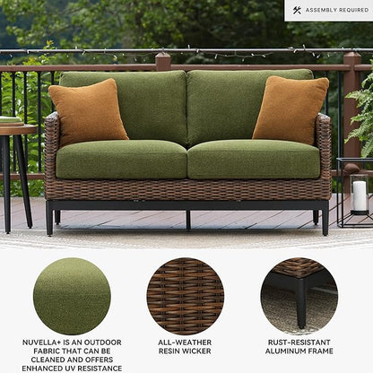 Signature Design by Ashley Horizon Hall Vintage Outdoor Nuvella Weather Resistant Fabric, Resin Wicker Loveseat with Cushion and 2 Accent Pillows, Green & Dark Brown