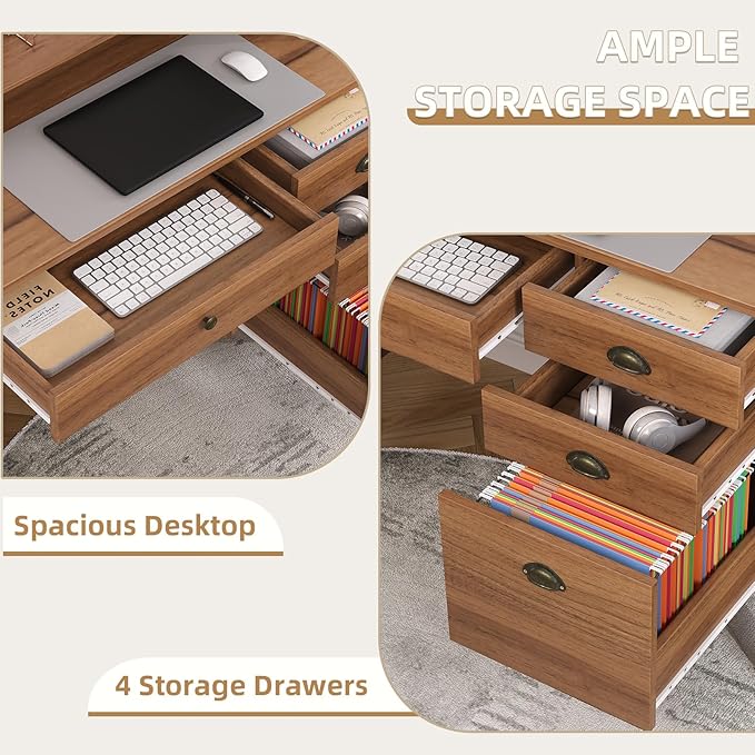 4 EVER WINNER Wooden Desk with Drawers, Small Desk with Monitor Stand and File Drawe, Writing Desk with Drawers for Bedroom Small Spaces, Walnut