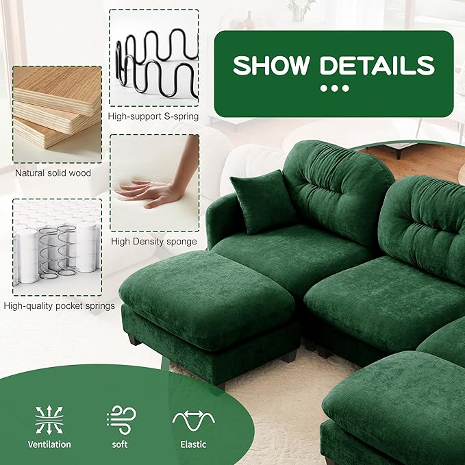 74" Loveseat U Shaped Couch with 2 Ottoman, Comfy Chenille Fabric Cloud Sectional Couch, Modern Upholstered Deep Seat Sofas with Armrest Pillow, Cloud Sofa for Small Spaces Apartment, Green