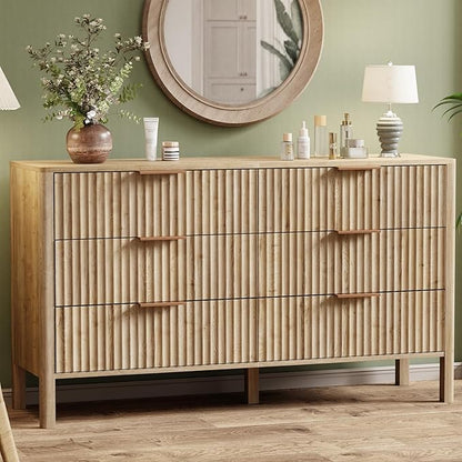 55" Wide Fluted 6 Drawer Dresser for Bedroom, Wooden Dresser Modern Chest of Drawers TV Stand Dressers with Organizer Storage for Bedroom, Living Room, Entryway, Hallway, Oak