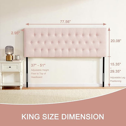 Tufted Upholstered Headboard King Size, Solid Wood Head Board with Durable Metal Legs, Adjustable Height Bed headboard from 37” to 51” Fabric Headboard in Modern Button Design, Pink