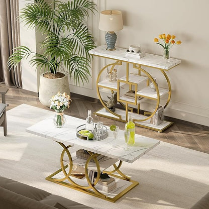 GiftGo Narrow Console Table for Entryway Industrial 4-Tier Sofa Table Behind Couch with Circle Base Rustic Wooden Accent Tables with Storage Shelves for Living Room, Hallway, Foyer (Gold and White)