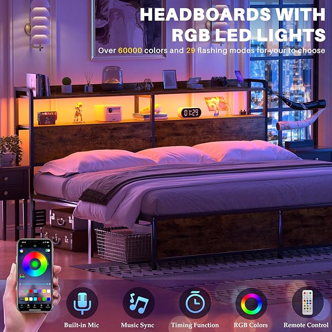 Aheaplus Headboard for King Size Bed Frame, Headboards with Outlets, USB Ports and LED Light, Head Board with Storage, Height Adjustable, Sturdy and Stable Headboard, King Size, Rustic Brown