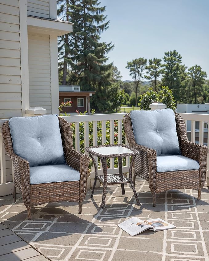 3 Piece Patio Brown Wicker Chairs with Side Table - Outdoor High Back Heavy Duty All-Weather Lawn Dining Rattan Chair Conversation Bistro Set for Deck Porch Balcony Backyard Garden - Baby Blue
