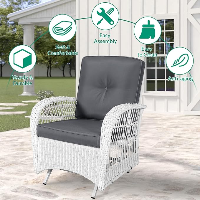 VIVIJASON 2-Piece Outdoor White Wicker Glider Rocking Chair, Patio Rattan Swing Glider Chairs with Cushions & Steel Frame, All-Weather Gliding Lawn Wicker Furniture for Garden Backyard Porch, Grey