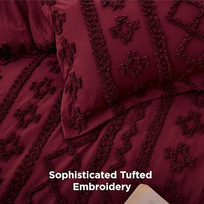 Bedsure Tufted Boho Comforter Set King Size - Dark Red Boho Bed Set, GentleSoft™ 3 Pieces Farmhouse Shabby Chic Embroidery Bedding, Gifts for Woman, Soft Jacquard King Comforter for All Seasons