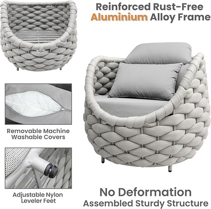 4 Pieces Woven Rope Patio Conversation Set: Rustproof Aluminum Frame, Weather Resistant, Thick Cushions, No Assembly, Easy to Clean, Comfy Outdoor Sofa Set for Porch Deck Yard Hotel - Gray