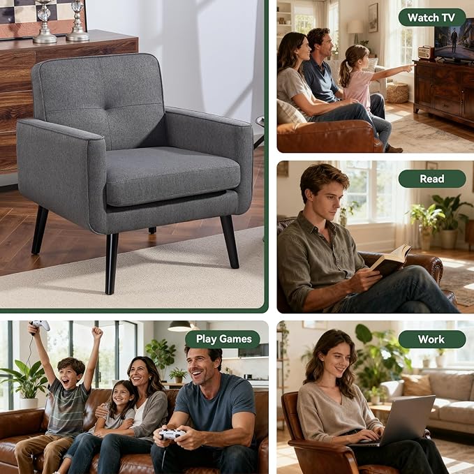 Mid Century Accent Chair, Fabric Modern Chair with Wooden Frame, Cozy Armchair Reading Chair with Comfy Back for Apartment, Living Room, Bedroom, Waiting Room, Small Space, Corner, Grey