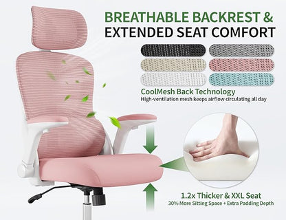Office Chair Ergonomic Desk Chair, 4000 LBS Home Mesh Office Desk Chairs with Wheels, Computer Chair, Comfortable Gaming Chair with 3D Headrest, High Back Office Chair for Long Hours (Pink)
